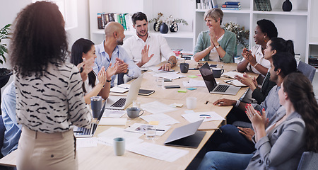 Image showing Group, business and people applause for teamwork and collaboration with creative ideas at the office. Professional, team and applauding with support in the boardroom for feedback in a startup.