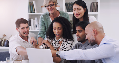 Image showing Discussion, laptop and team in meeting in the office for planning corporate project in collaboration. Teamwork, diversity and employees working and brainstorming together with computer in workplace.