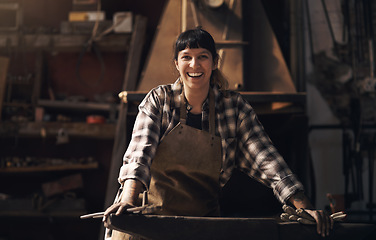 Image showing Foundry, warehouse and portrait of woman with tools for industry, manufacturing and manual labor. Industrial factory, welding and female person for steel, iron and metal production for craftsmanship