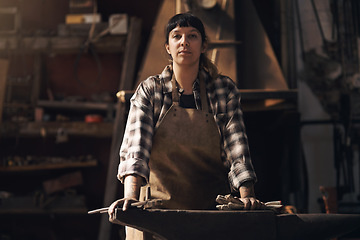 Image showing Foundry, workshop and portrait of woman with tools for industry, manufacturing and manual labor. Industrial factory, welding and female person for steel, iron and metal production for craftsmanship