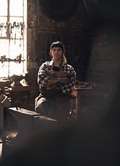 Image showing Blacksmith, workshop and portrait of woman with tools for industry, manufacturing and machinery. Industrial factory, welding and female person for steel, iron and metal production for craftsmanship