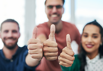 Image showing Hands, thumbs up and emoji with a business team closeup in an office together to gesture yes or thank you. Success, motivation and teamwork with a group of colleagues or employees at work for support