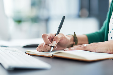 Image showing Schedule, notes and hands with a notebook at work for an agenda, planning or company goals. Business, writing and a secretary or receptionist with a book for a strategy, brainstorming or ideas