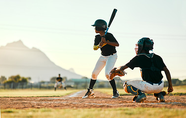 Image showing Baseball, sports and players on a field for a game, training and competition. Team challenge, waiting and boys on a pitch for professional sport, practicing and batting in a league for action