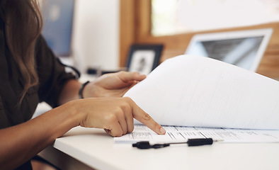 Image showing Hands, documents and accountant check report for information, financial data or analysis. Paperwork, accounting hand and business woman checking paper for auditing, planning and bookkeeping in office