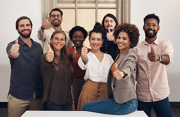 Image showing Professional, group and portrait with thumbs up with happiness in the office. Business, people and diversity with thumb like for teamwork with joy at a company for recommending good service.