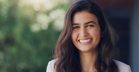 Image showing Happy, smile and portrait of business woman in city for mockup space, professional and happiness. New York, career and natural with face of employee in outdoor for motivation, confident and pride