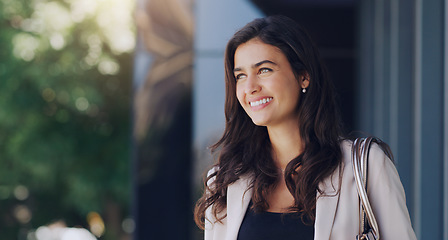 Image showing Happy, thinking and business woman in city for morning, professional and happiness. Idea, modern and natural with face of female employee in urban outdoor for motivation, confident and pride