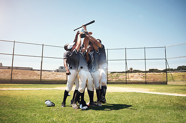 Image showing Baseball team, sports and men winning competition or game on field. Excited group of athlete friends celebrate achievement, win or teamwork and fitness goal for professional sport outdoor with a bat