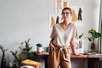 Image showing Fashion, designer and portrait with woman in workshop studio for creative, vision and planning. Boutique, tailor and entrepreneurship with small business owner for sewing clothes, retail and textile