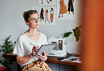 Image showing Fashion, design and woman with tablet, thinking and creative ideas for small business process in studio. Creativity, textile and designer working on digital sketch with idea pattern and illustration.