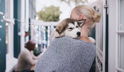 Image showing Dogs, love and a woman carrying her pet in the home as a companion for trust, safety or friendship. Happy, dog and a female animal owner holding her purebred husky puppy with care in a house