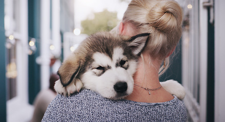 Image showing Pet, love and a woman carrying her dog in the home as a companion for trust, safety or friendship. Happy, dogs and a female animal owner holding her purebred husky puppy over her shoulder in a house