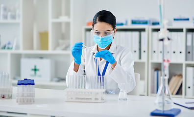 Image showing Covid, science and research with a woman in laboratory for innovation or modern medical breakthrough. Healthcare, medicine and vaccine with a female scientist working in a lab for cure development