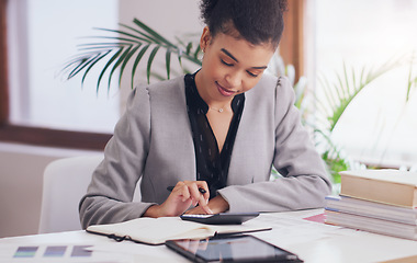 Image showing Accountant, calculator and woman with pen on desk for finance budget, math or planning. Professional african person with books, pen and list for tax on financial profit or income in accounting office