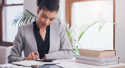 Image showing Calculator, accounting and woman writing in notebook for finance budget, investment or planning. African person as accountant with tax list on business profit, financial goals or income in office