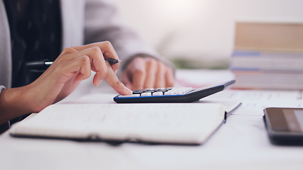 Image showing Calculator, accounting and hands of a woman writing in notebook for business budget, investment or planning. Accountant person with pen for tax list on profit, financial goals or income on a desk