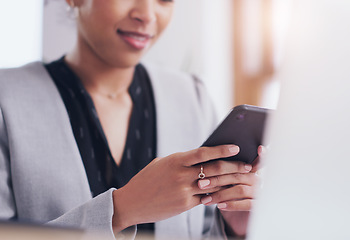 Image showing Closeup, hands and woman with a smartphone, business or typing with connection, network or social media. Female person, consultant or employee with a cellphone, search internet or website information