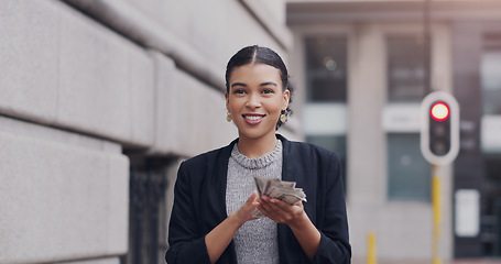 Image showing Business woman, city and celebrate with cash, smile and wealth from financial success, stock market and profit. Rich african businesswoman, money and winning with bonus, investment and bills