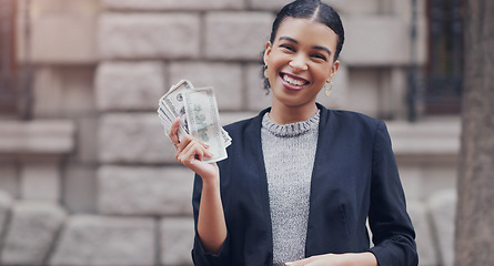 Image showing Business woman, city and cash in street portrait with smile, winning or success with profit, bonus or reward. African businesswoman, money or winner with happiness outdoor for stock market investment