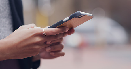 Image showing Female hands, web and smartphone in the city calling and texting in the street. Woman, hand and phone for typing, outdoor and searching message with internet for communication on app.