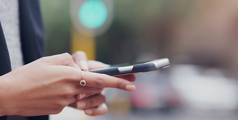 Image showing Phone, office and hands of business woman online for social media, internet and connection. Communication, corporate workplace and female person on smartphone for website, mobile app and networking