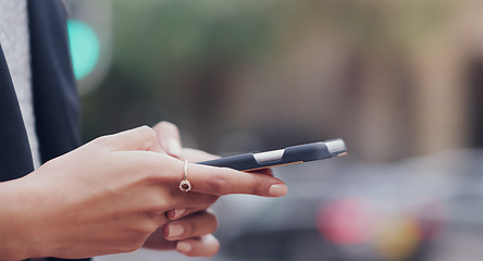 Image showing Phone, city and hands of business woman online for social media, internet and connection outdoors. Communication, typing and female person on smartphone for website, mobile app and networking in town