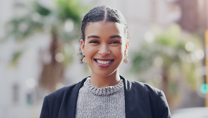 Image showing Corporate, happy and portrait of business woman in city for morning, professional and focus. Confident, pride and natural with face of female employee in urban outdoors for entrepreneur and modern