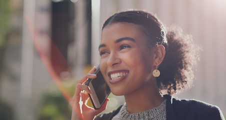 Image showing African business woman, phone call and street in city with smile, networking or communication in sunshine. Businesswoman, smartphone and talk in metro with happiness for connection, chat or contact