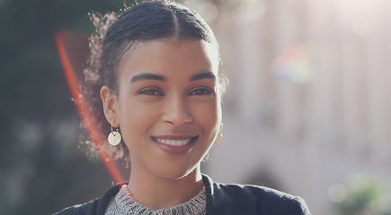 Image showing Business woman, smile and face outdoor in a city for travel, opportunity in a street. Portrait of a professional African female entrepreneur with a positive mindset, career goal and urban background