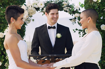 Image showing Love, holding hands and lgbtq with lesbian couple at wedding for celebration, gay and pride. Smile, spring and happiness with women at marriage event for partner commitment, bride and freedom