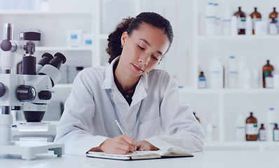 Image showing Science, writing notes and woman in laboratory for research, analytics and study results with microscope. Healthcare, notebook and female scientist in lab write for planning, data and pharmacy report