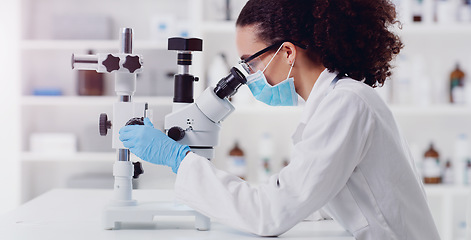 Image showing Microscope, research and woman scientist in a lab for science, medicine and data analysis. Laboratory, healthcare and female health expert checking medical, results and working on a cure for cancer