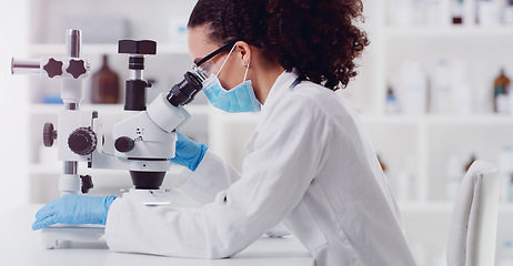 Image showing Microscope, healthcare and woman scientist in a lab for science, medicine and data analysis. Laboratory, science and female health expert checking medical results and working on a cure for cancer