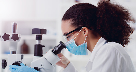 Image showing Research, covid and microscope with woman in laboratory for expert, medical and planning. Science, vaccine analysis and medicine with female scientist for chemistry, healthcare and pharmacy