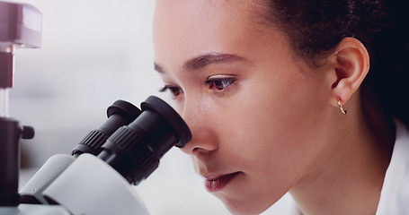 Image showing Science, pharmacy and microscope with woman in laboratory for expert research, medical and planning. Idea, vaccine analysis and medicine with female scientist for chemistry, healthcare and focus