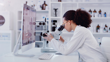 Image showing Science, computer and microscope with woman in laboratory for expert research, medical and planning. Idea, vaccine analysis and medicine with female scientist for chemistry, healthcare and pharmacy