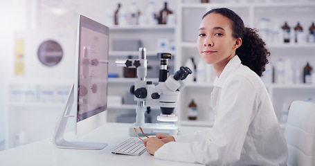 Image showing Computer, research and portrait of woman in laboratory for science, pharmacy and medical. Healthcare, technology and study analysis with female scientist for medicine, expert and online report