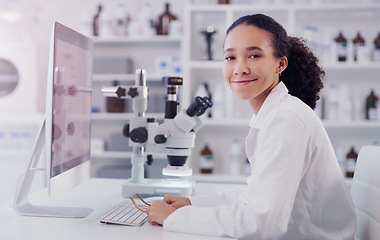 Image showing Computer, science and portrait of woman in laboratory for research, pharmacy and medical. Healthcare, technology and study analysis with female scientist for medicine, expert and online report