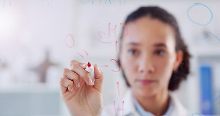 Image showing Thinking, scientist formula and woman writing on clear board for science data research. Laboratory worker, female person and focus with planning and futuristic vision for chemistry test with hand