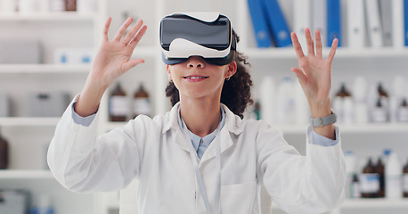 Image showing Science, virtual reality and metaverse with woman in laboratory for research, pharmacy and technology. Future, 3d and medical with scientist and headset for cyber, healthcare and digital development