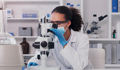 Image showing Science, medical and microscope with woman in laboratory for expert research, covid and planning. Idea, vaccine analysis and medicine with female scientist for chemistry, healthcare and pharmacy