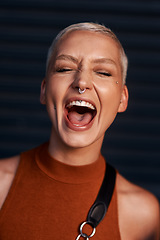 Image showing Young woman, happy scream and portrait with hipster and gen z fashion with a smile and piercing. Cool style, face and cosmetics of female person with happiness, confidence and jewelry wearing makeup