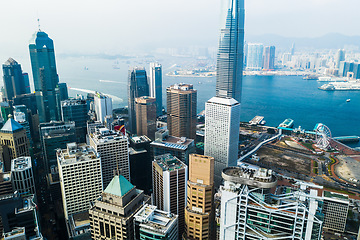 Image showing Office, building and skyscraper on the coast in an urban city with development and scenery. Cityscape, architecture and high rise buildings in downtown chicago with water and ariel view for travel.