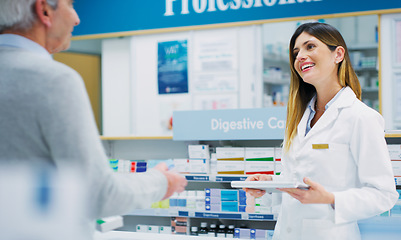 Image showing Pharmacist conversation, senior customer and woman helping elderly patient, pharmacy client or person. Healthcare support, communication and female chemist talking, service and help with prescription