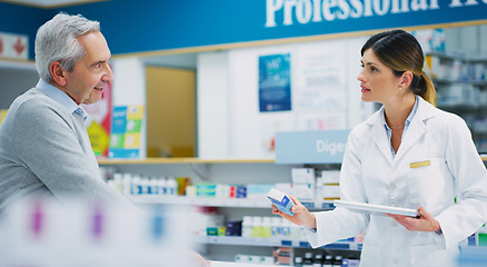 Image showing Pharmacy product, elderly customer and woman helping patient, client or person with pharmaceutical, pills or package. Medicine, advice and female chemist talking, service and help with prescription