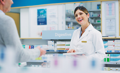 Image showing Pharmacy tablet, customer and happy woman, pharmacist or clerk helping clinic patient, healthcare client or person. Hospital support, help and female chemist search online database for store product