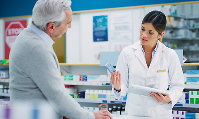 Image showing Pharmacy tablet, elderly customer and woman helping patient, client or person with pharmaceutical, pills box or product. Medicine, choice and pharmacist consulting, help or advice recommendation