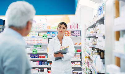 Image showing Pharmacy customer, clipboard and woman helping patient with pharmaceutical choice, product decision or medicine search. Healthcare clinic, hospital pharmacist and person answer question about pills