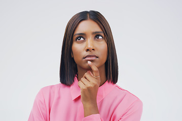 Image showing Thinking, confused and woman in studio with decision on mockup, space and grey background. Choice, contemplation and Indian female person with doubt, emoji and confusion, pensive and puzzled thoughts